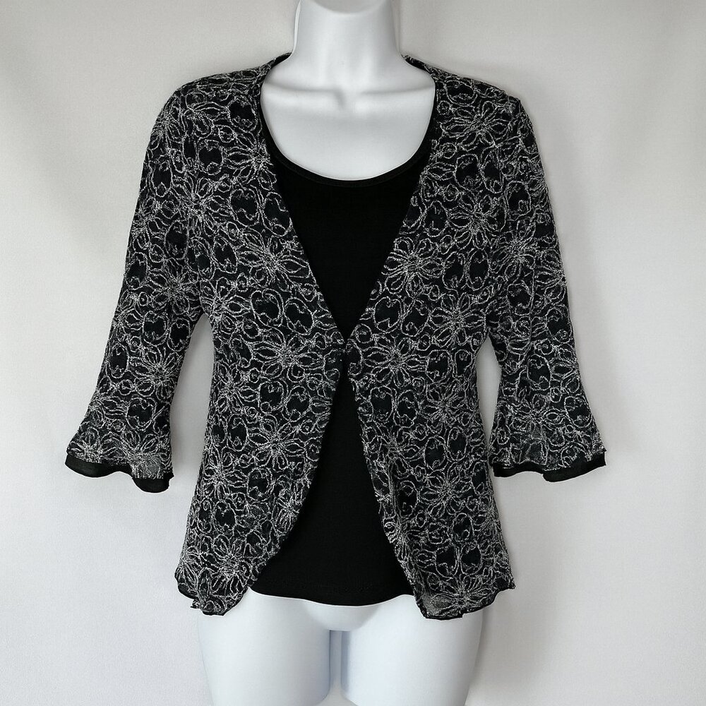 New Directions Size Petite Large Black 3/4 Sleeves Sparkle Bedazzled 90s Y2K Top
